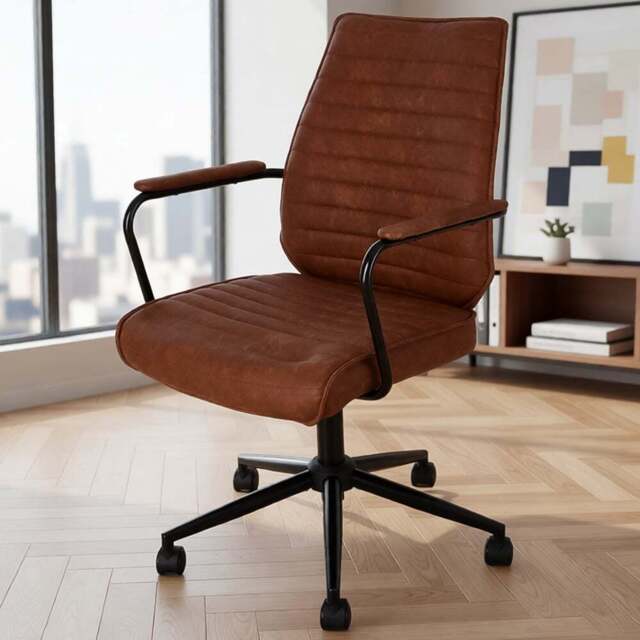 Living and Home Brown PU Leather Swivel and Adjustable High Back Retro Office Chair - Size: 106 x 69 x 51cm - Wilko