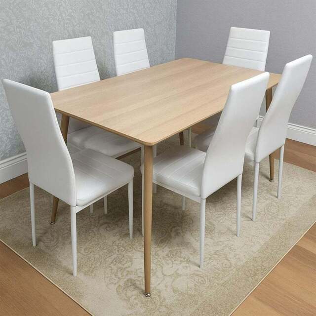 Kosy Koala 6 Seater Faux Leather Wooden Dining Set White - Beige - Wilko - image 1