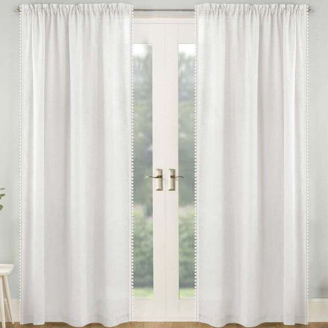 Tyrone Textiles Tahiti White Linen Look Pom Pom Trim Rod Pocket Voile Panel Curtains 140 x 137cm - Size: W 140 x D 137cm - Wilko - image 1
