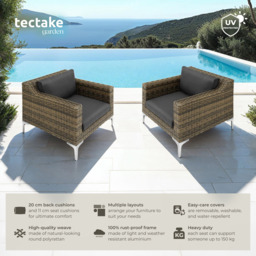 tectake Villanova Rattan Garden Armchair with Cushion Set of 2 - Size: 72 x 170 x 89cm - Grey - Wilko - thumbnail 7