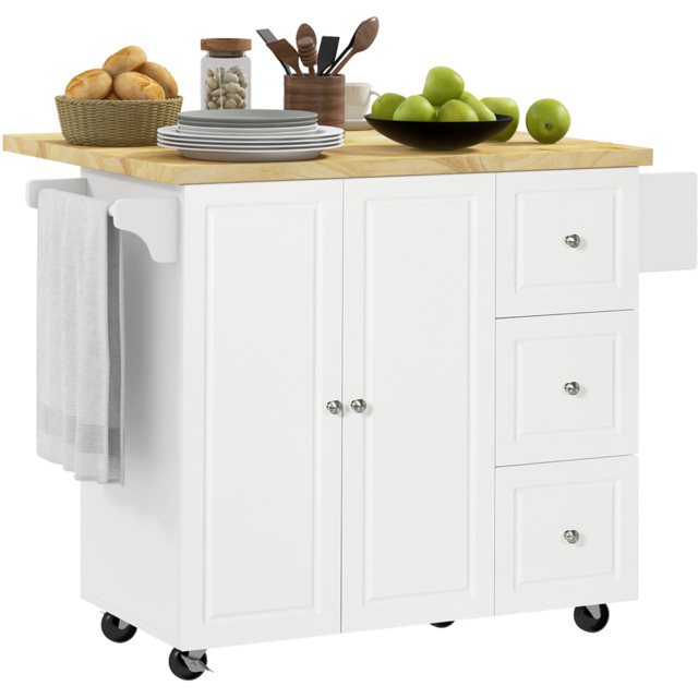Portland 2 Door 3 Drawer White Drop Leaf Kitchen Island Trolley - Size: 111.5 x 75 x 89cm - Wilko - image 1