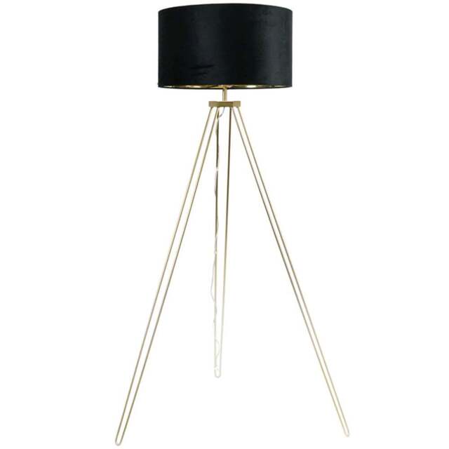 ValueLights Aero Gold Hairpin Tripod LED Floor Lamp with Black and Gold Velvet Drum Lamp Shade - Size: 141 x 59 x 59cm - Wilko - image 1