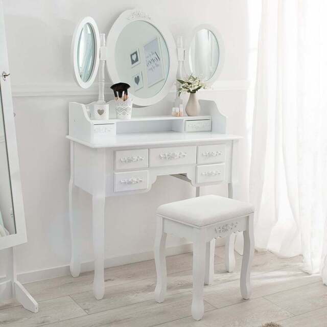 tectake 7 Drawer Antique Look Dressing Table Set with 3 Mirror - Size: 145 x 40 x 90cm - White - Wilko - image 1