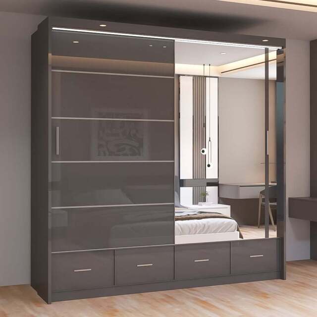 Sliding Wardrobes 4U 2 Sliding Door Grey Modern High Gloss Mirrored Wardrobe 203cm - Size: 2 Door - Wilko - image 1