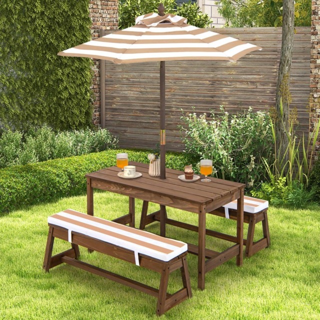 Costway Brown Kids Picnic Table and Bench Set with Umbrella - Size: 97 x 41 x 27cm - Wilko - image 1