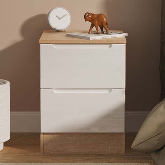 Crowndale Milan 2 Drawer White Gloss and Bardolino Oak Compact Bedside Cabinet Ready Assembled - White Gloss & Bardolino Oak - Wilko - image 1