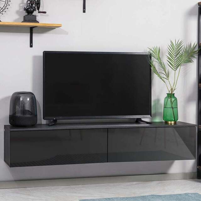 Portland Single Door Black High Gloss Floating Wall TV Unit - Size: 160 x 35 x 30cm - Multi - Wilko - image 1