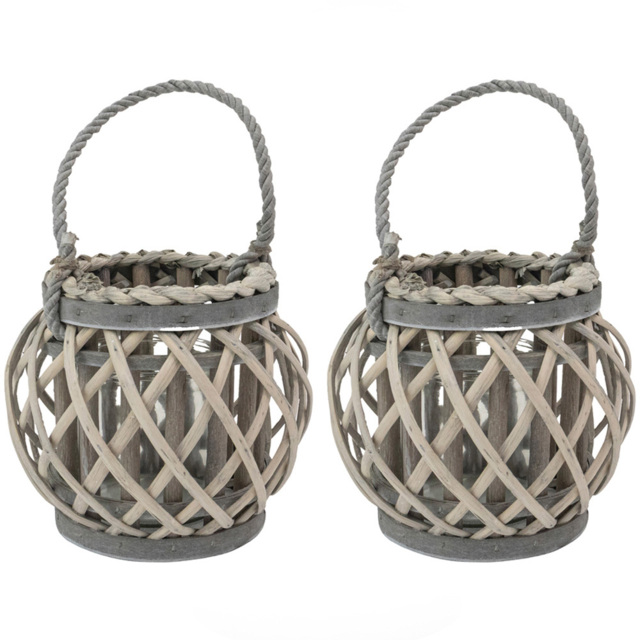 JVL Luna Grey Wash Natural Willow Wood Round Lantern with Braided Rope Handle 2 Pack - Size: 17 x 19 x 19cm - Wilko - image 1