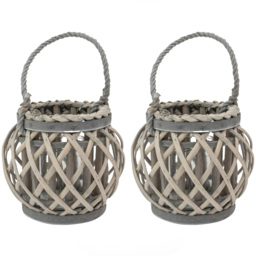 JVL Luna Grey Wash Natural Willow Wood Round Lantern with Braided Rope Handle 2 Pack - Size: 17 x 19 x 19cm - Wilko