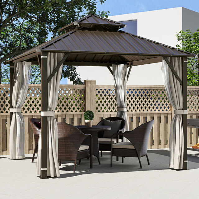 Outsunny 3 x 3m Brown Metal Hardtop Gazebo with Netting and Curtains - Cream - Wilko - image 1