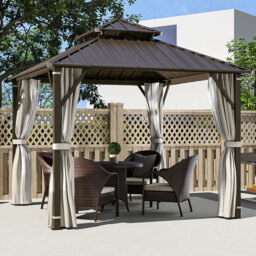 Outsunny 3 x 3m Brown Metal Hardtop Gazebo with Netting and Curtains - Cream - Wilko - thumbnail 1