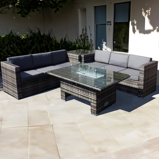 Oseasons Malta 6 Seater Grey Walnut Rattan Rising Firepit Corner Sofa Set - Brown - Wilko - image 1
