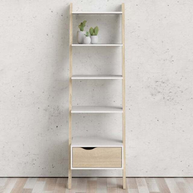 Florence Single Drawer 4 Shelf White and Oak Leaning Bookcase - Furniture to Go - Wilko - image 1