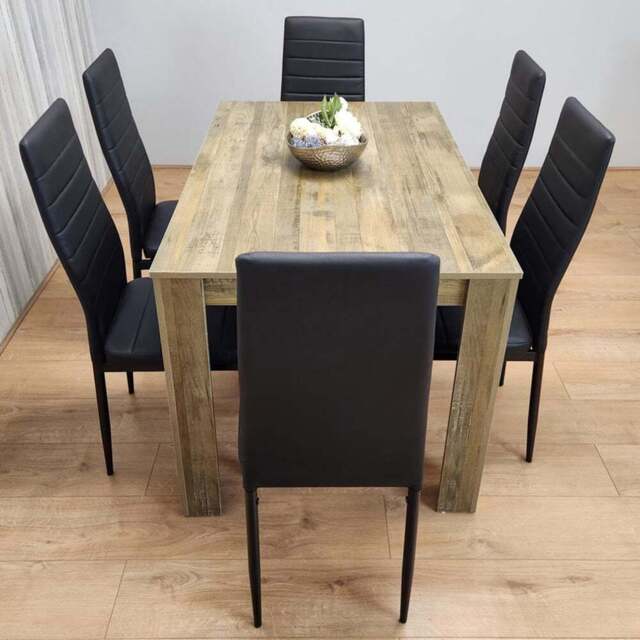 Kosy Koala 6 Seater Faux Leather Dining Set Rustic Effect and Black - Multi - Portland - Wilko - image 1