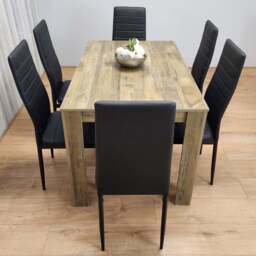 Kosy Koala 6 Seater Faux Leather Dining Set Rustic Effect and Black - Multi - Portland - Wilko