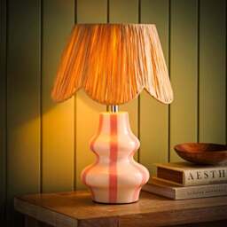 ValueLights Perrie Raffia Lamp Shade Ceramic Pink Stripe LED Table Lamp - Size: 40 x 28 x 28cm - Wilko - thumbnail 3