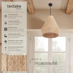 tectake Suri Boho Chic Jute Fibre Pendant Light - Size: 47 x 40.5 x 40.5cm - Nature - Wilko - thumbnail 7