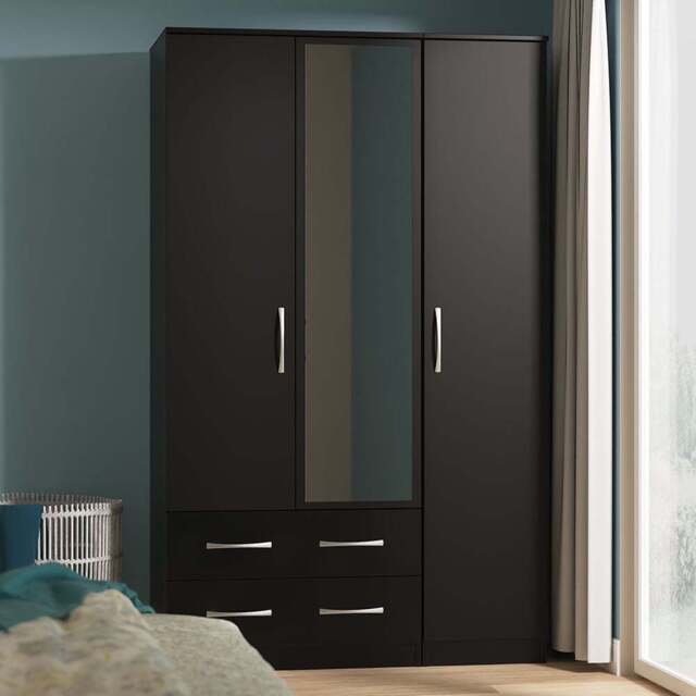 Crowndale Avon 3 Door 2 Drawer Matt Black Mirrored Wardrobe Ready Assembled - Black Matt - Wilko - image 1