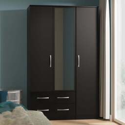 Crowndale Avon 3 Door 2 Drawer Matt Black Mirrored Wardrobe Ready Assembled - Black Matt - Wilko - thumbnail 1