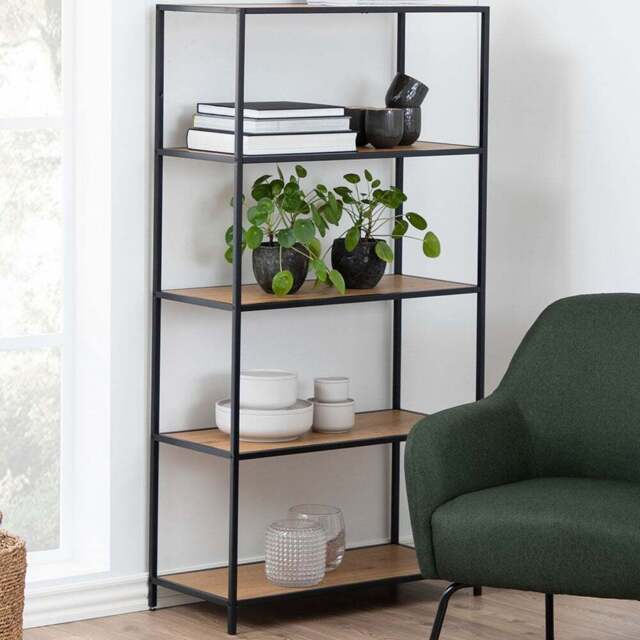 Florence Seaford 4 Shelf Oak and Black Metal Bookcase - Furniture To Go - Wilko - image 1