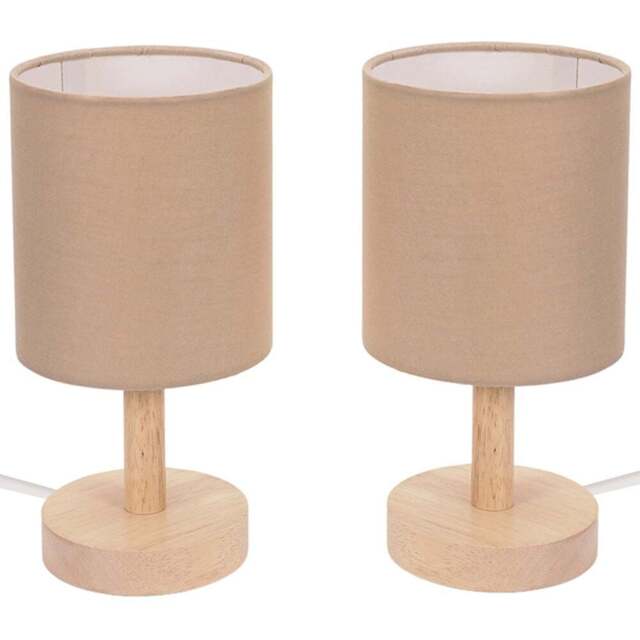 ValueLights Nelly 2 Pack Natural Shade Wooden Base LED Bedside Table Lamp - Size: 23 x 12 x 12cm - Cream - Wilko - image 1