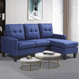 Kosy Koala 3 Seater Blue Velvet Sectional L-Shape Reversible Corner Sofa with Ottoman - Wilko