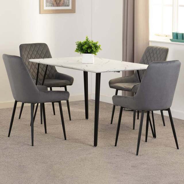 Seconique Marlow and Avery 4 Seater Dining Set White Marble and Grey Velvet - White Marble/Grey Velvet - Wilko - image 1