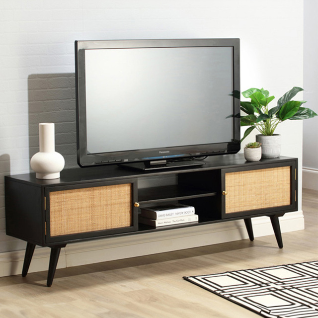 Desser Manhattan 2 Door 2 Shelf Black Rattan and Mango Wood TV Unit - Size: 40 x 160 x 50cm - Wilko - image 1