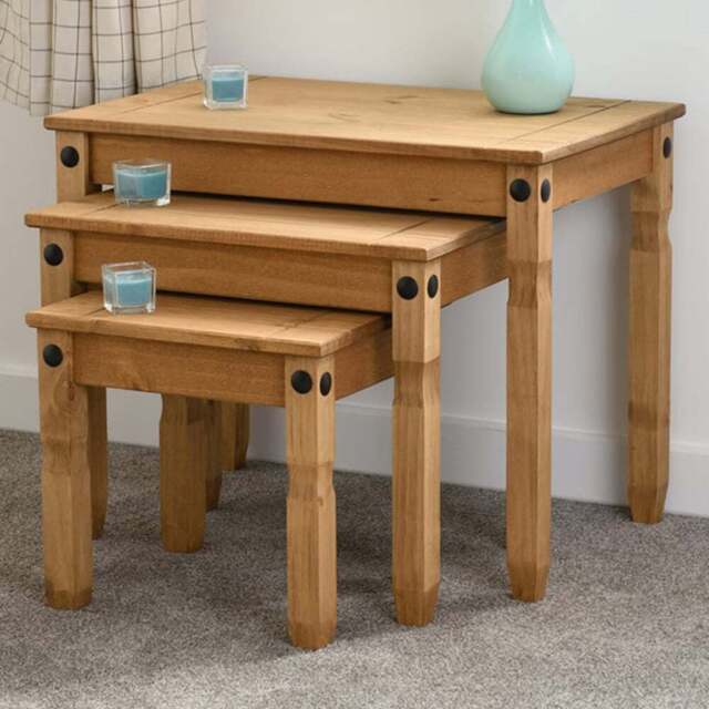 Seconique Corona Distressed Waxed Pine Nest of Tables Set of 3 - Size: 43 x 66 x 53cm - Brown - Wilko - image 1