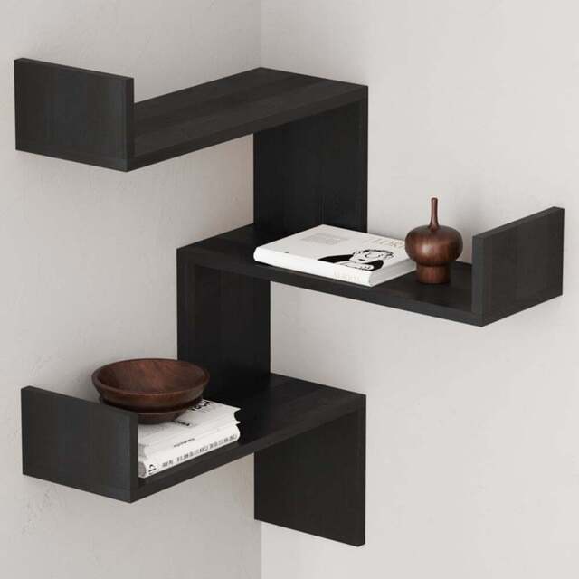 Decortie Luksa 3 Shelf Zigzag Wall Mounted Design Black Wood Corner Bookcase - Wilko - image 1