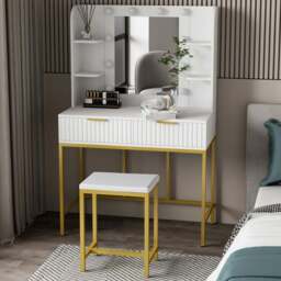 Kosy Koala Eva 2 Drawer 4 Shelf White and Gold Dressing Table Set with LED Mirror - Size: 140 x 90 x 40cm - Wilko - thumbnail 1
