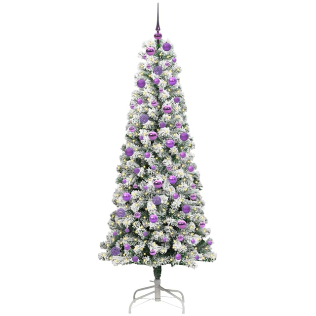 vidaXL Pre-Lit Warm White LED and Lilac Baubles Snow Flocked Artificial Christmas Tree 5.9ft - Green - Wilko - image 1