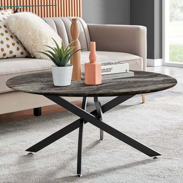 Furniturebox Arona Round Marble Effect Glass Coffee Table with Black Legs - Size: 90 x 90 x 45cm - Grey - Wilko - image 1