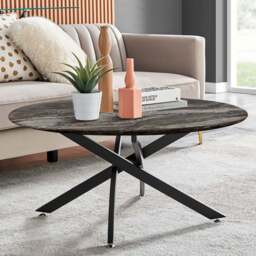 Furniturebox Arona Round Marble Effect Glass Coffee Table with Black Legs - Size: 90 x 90 x 45cm - Grey - Wilko - thumbnail 1