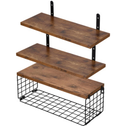 Living and Home 3 Shelf Wooden Wall-Mounted Floating Shelf with Wire Basket - Size: 15.5 x 40 x 14.7cm - Dark Wood - Wilko - thumbnail 3
