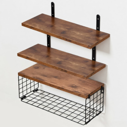 Living and Home 3 Shelf Wooden Wall-Mounted Floating Shelf with Wire Basket - Size: 15.5 x 40 x 14.7cm - Dark Wood - Wilko - thumbnail 1