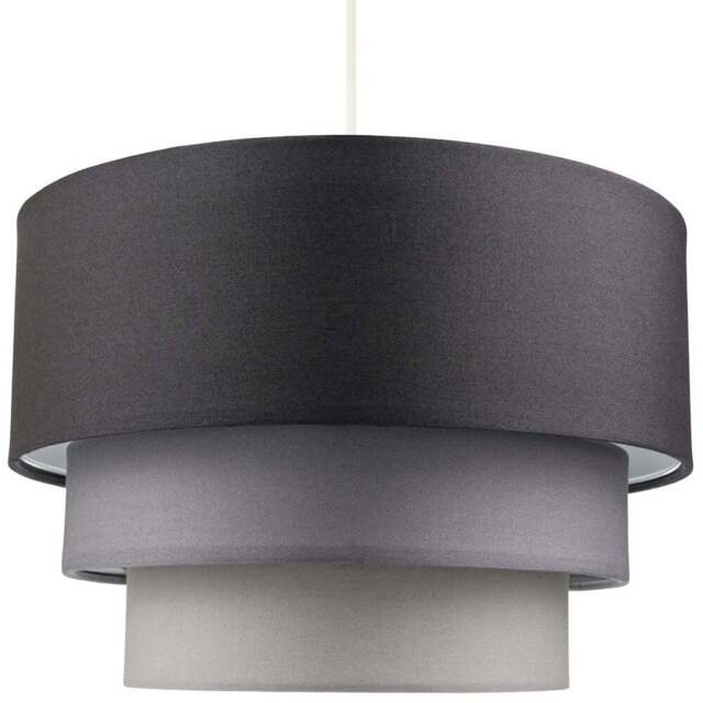 Happy Homewares 3 Tier Grey Cotton Round Pendant Shade - Size: 20 x 30 x 30cm - Wilko