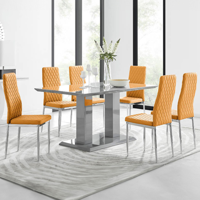 Furniturebox Molini Modern Valera 6 Seater Dining Set Grey Gloss Mustard Yellow and Chrome - Wilko - image 1