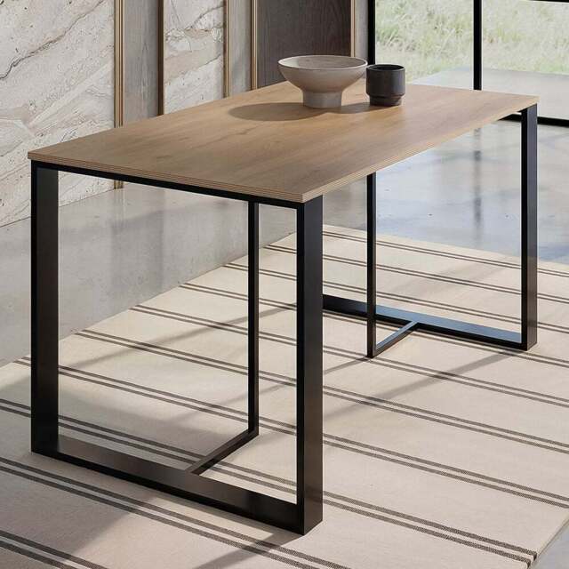 Decortie Lenora Dining Table with Metal Legs Oak Effect and Black - Size: 4 Seater - Cream - Wilko - image 1
