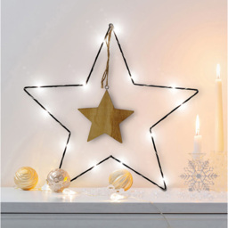 St Helens LED Metal Christmas Star Decoration with Wooden Centre - Size: 330 x 330 x 3cm - Black - Wilko - thumbnail 4