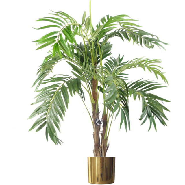 Leaf Realistic Artificial Palm tree with Pot and Gold Metal Planter 4ft - Size: 120 x 80 x 80cm - Green - Wilko - image 1