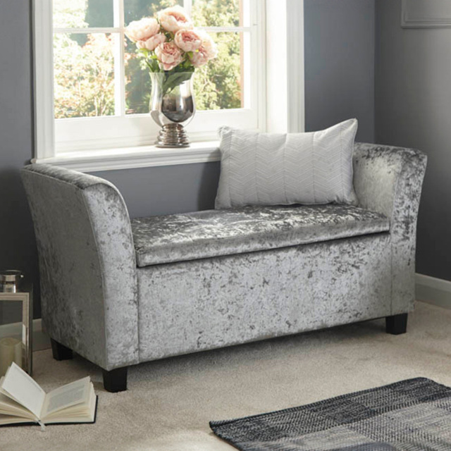 GFW Verona Crushed Velvet Grey Upholstered Window Seat - Size: 41 x 107 x 56cm - Wilko - image 1