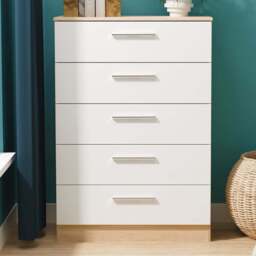 Crowndale Contrast 5 Drawer White Matt and Bardolino Oak Chest of Drawers Ready Assembled - White Matt & Bardolino Oak - Wilko