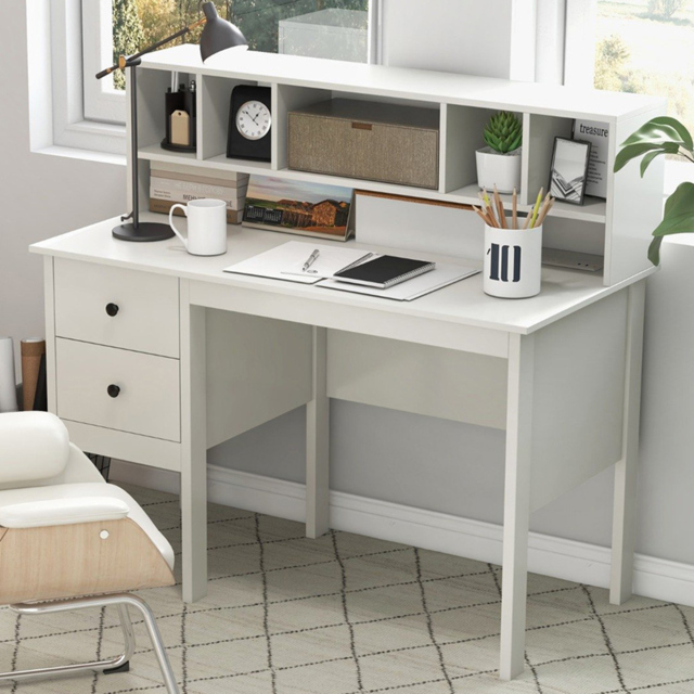 Costway 2 Drawer 6 Shelf Computer Desk with Power Outlet White - Size: 120 x 60 x 110cm - Wilko