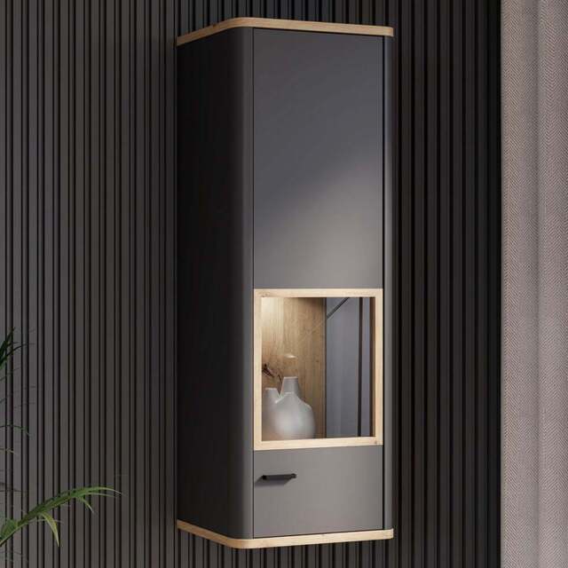Florence Klara Single Door Grey and Oak Glass Display Cabinet with LED Lighting - Size: 126.4 x 43.5 x 41.4cm - Multi - Furniture To Go - Wilko - image 1
