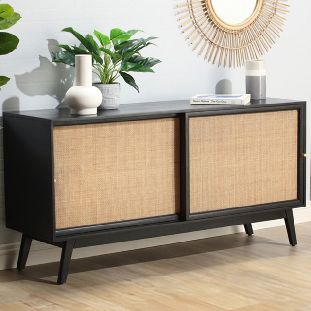 Desser Manhattan 2 Door Sliding Black Rattan and Mango Wood Sideboard - Size: 45 x 150 x 75cm - Wilko - image 1