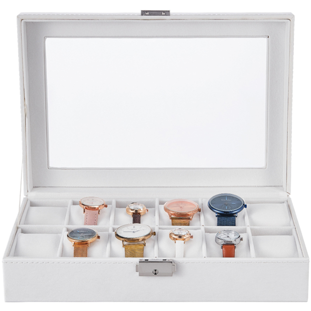 Living and Home 12 Slot White Faux Leather Watch Display Box with Glass Lid - Size: 8 x 30 x 20cm - Wilko - image 1