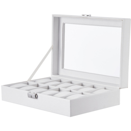 Living and Home 12 Slot White Faux Leather Watch Display Box with Glass Lid - Size: 8 x 30 x 20cm - Wilko - thumbnail 4