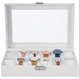 Living and Home 12 Slot White Faux Leather Watch Display Box with Glass Lid - Size: 8 x 30 x 20cm - Wilko - thumbnail 1