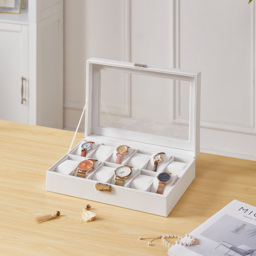 Living and Home 12 Slot White Faux Leather Watch Display Box with Glass Lid - Size: 8 x 30 x 20cm - Wilko - thumbnail 3